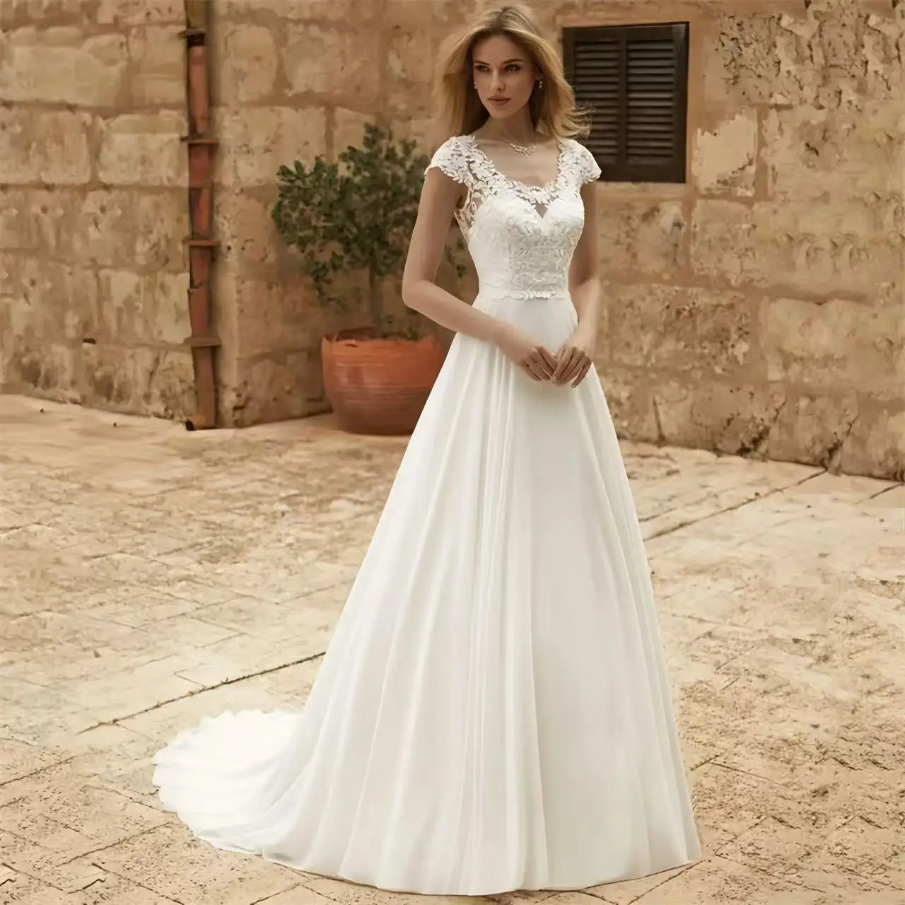 Elegant A-Line Wedding Dress Women Lace Illusion Back Short Sleeve O-Neck Chiffion Bridal Gown Train Vestido De Noiva Customized