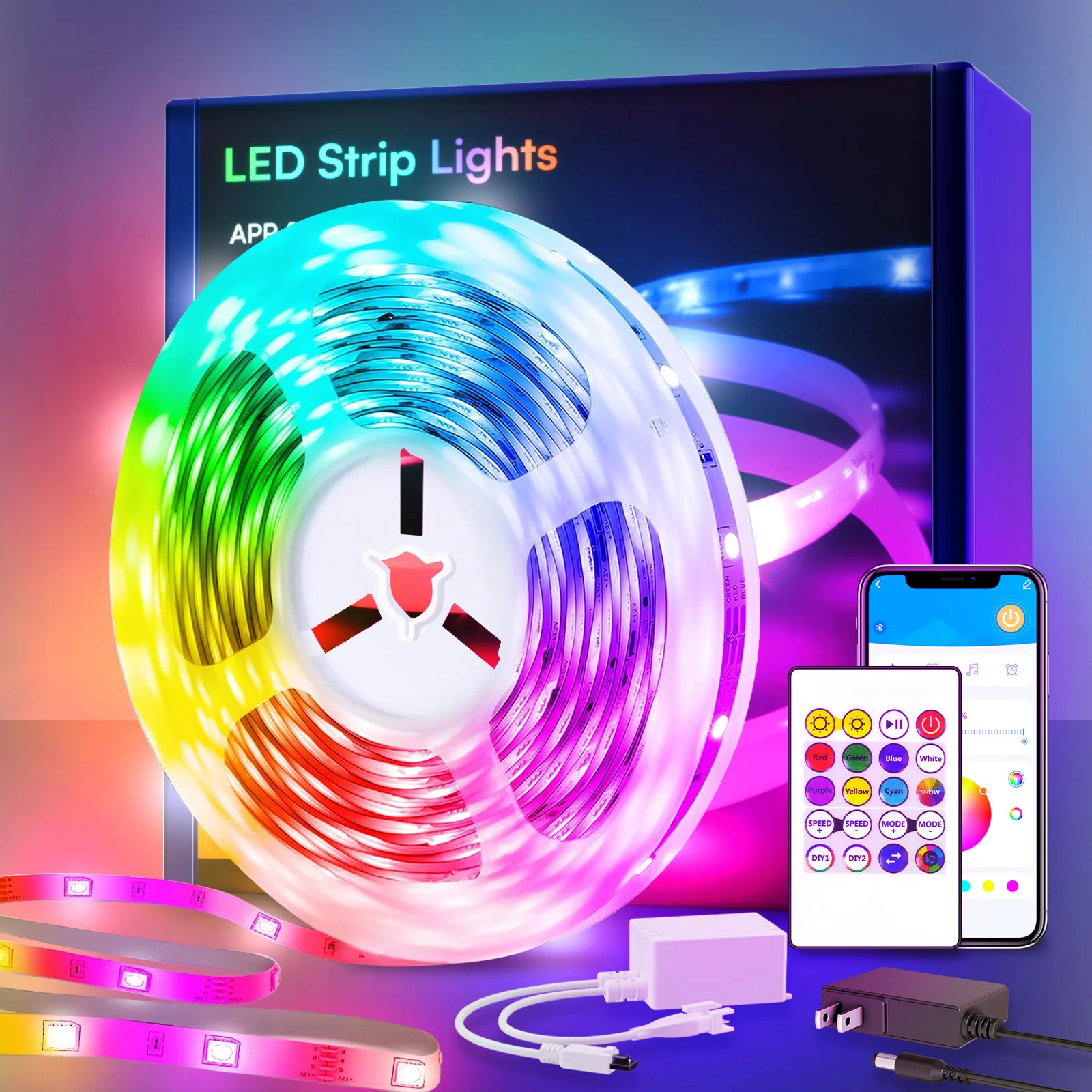 200ft smart LED light strip (2 rolls 100ft), bedroom color-changing RGB light built-in microphone can rhythm with music, su