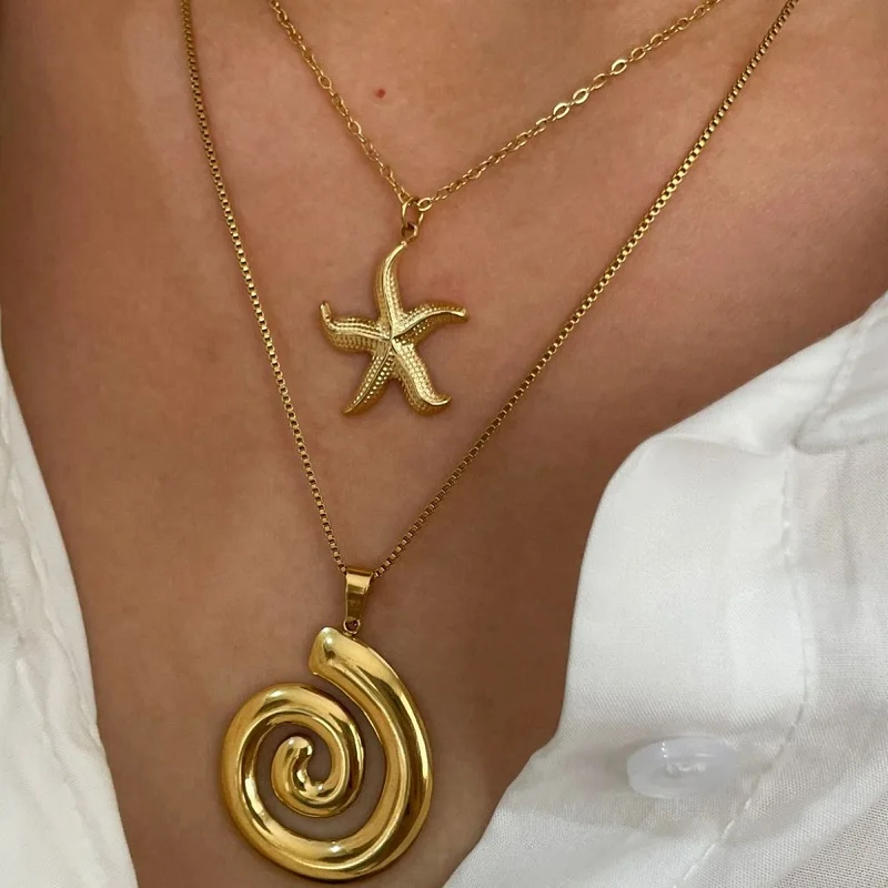 Stainless Steel Metal Hollow Vortex Spiral Starfish Pendant Necklace For Women Punk Gold Color Cavicle Chain Necklace Jewelry