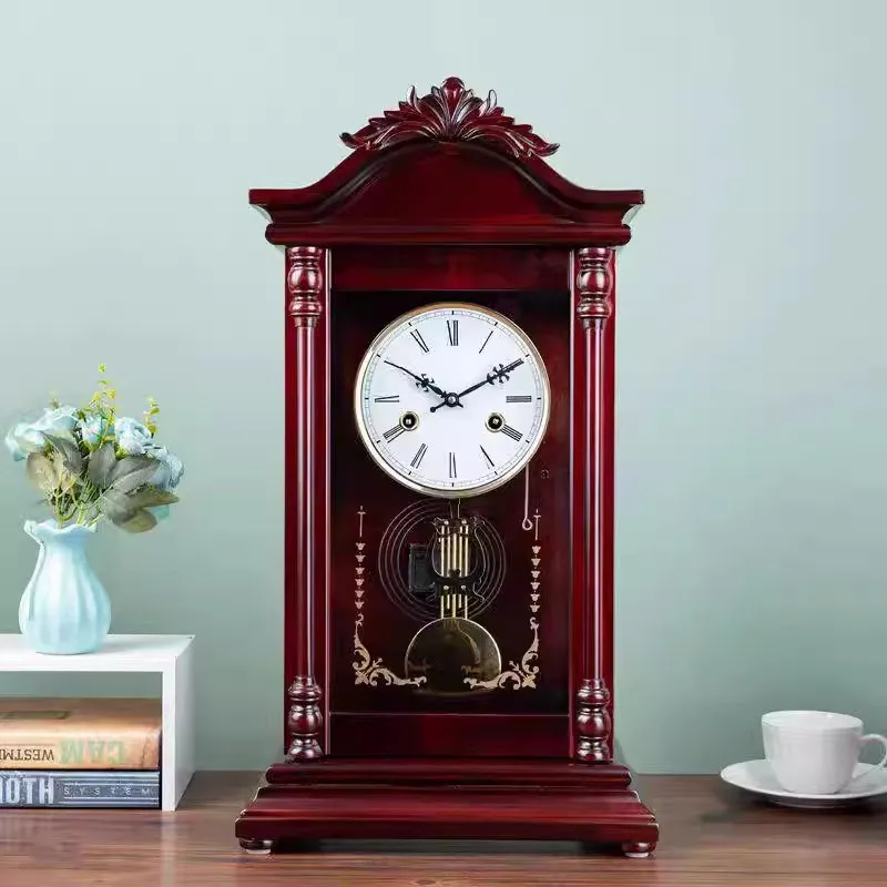 Old vintage solid wood mechanical clock, living room Chinese desktop display, home clock with chain up, creative decoration