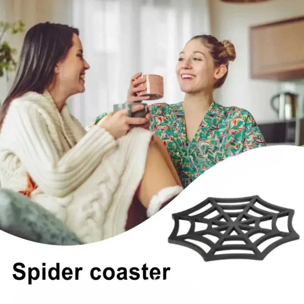 

6PCS Spooky Halloween Spider Web Placemats Set with Storage Base Wooden Halloween Coasters Halloween Table Decor Party Supplies
