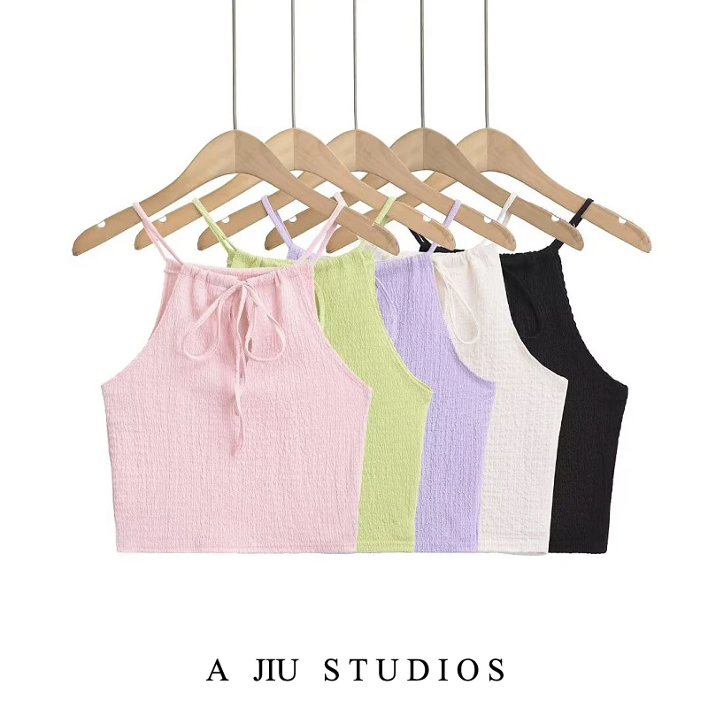 Summer American Retro Girl Pure Color Two-Sided Wear Drawstring Short Wide Shoulder Vest Strap Top Slim Fit Street Style