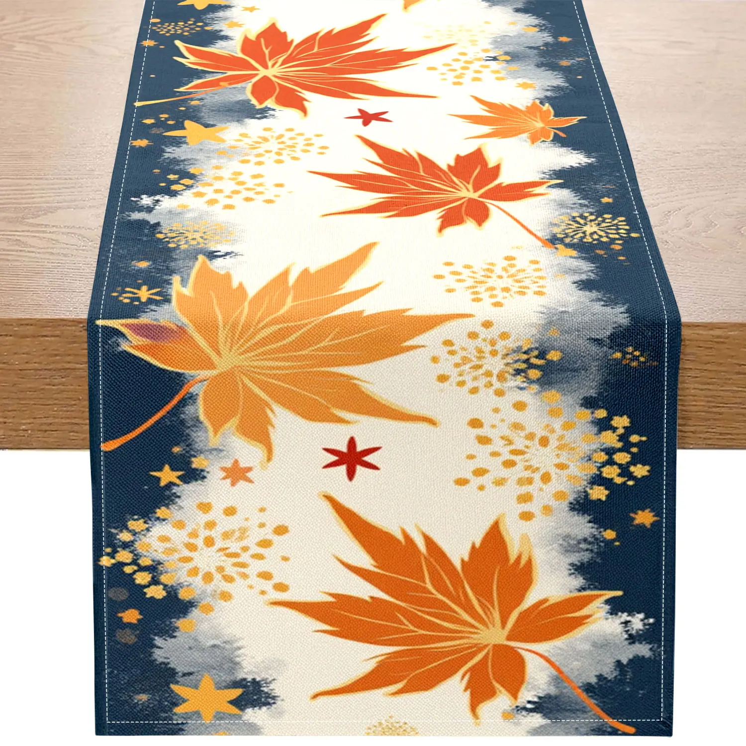 1 Piece of Golden Autumn Maple Leaf Themed Table Runner, Featuring Maple Leaf and Star Patterns, Suitable for Autumn Harvest Parties, Home Decoration, and Photography Background Scenes.