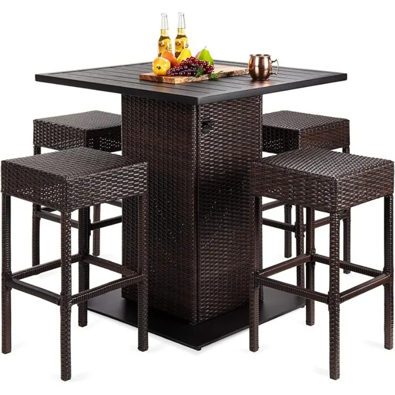 5-Piece Outdoor Wicker Bar Table Set for Patio, Poolside, Backyard w/Built-in Bottle Opener Hidden Storage Shelf Metal Tabletop