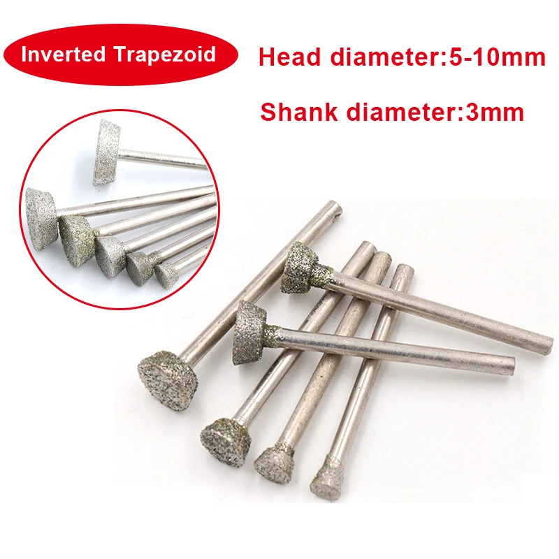 1/5/10Pcs 5-10mm Inverted Trapezoid Diamond Grinding Head 3mm Shank Grinding Bit For Stone Jade Polishing Abrasive Tool 60 Grit