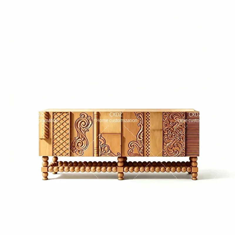 Retro Solid Wood Dining Side Cabinet Multi Functional Carved Storage Locker Custom Bedroom Cabinet