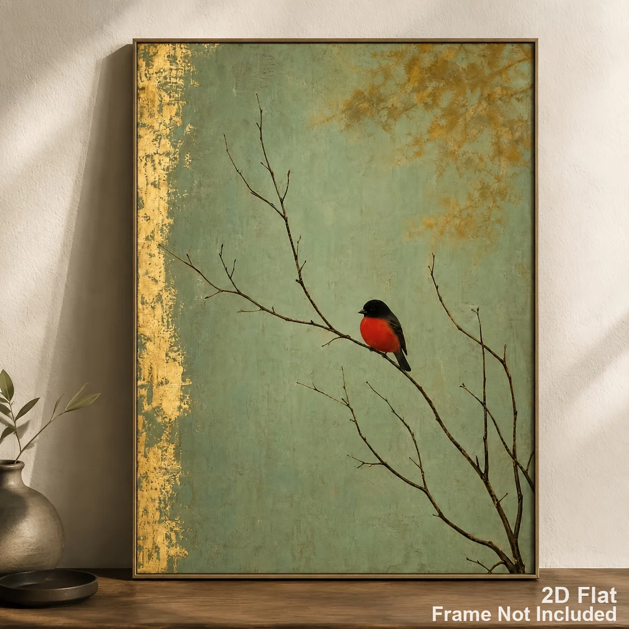 2D Flat, Posters And Prints, 2D Flat Unframed Canvas Print, Distressed Sage Green Background Red Robin Canvas Core, Bird on B