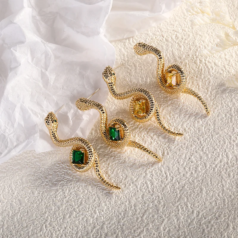 

925 Silver Gold Plated Snake Shape Multicolor CZ Stud Earrings, Vintage Gemstone Jewelry for Women