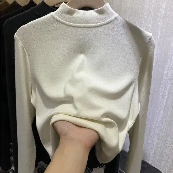 Cationic Ultra Soft Double Sided Velvet Half High Collar Base Shirt Autumn Winter Slim Fit Korean Style Long Sleeve T-Shirt