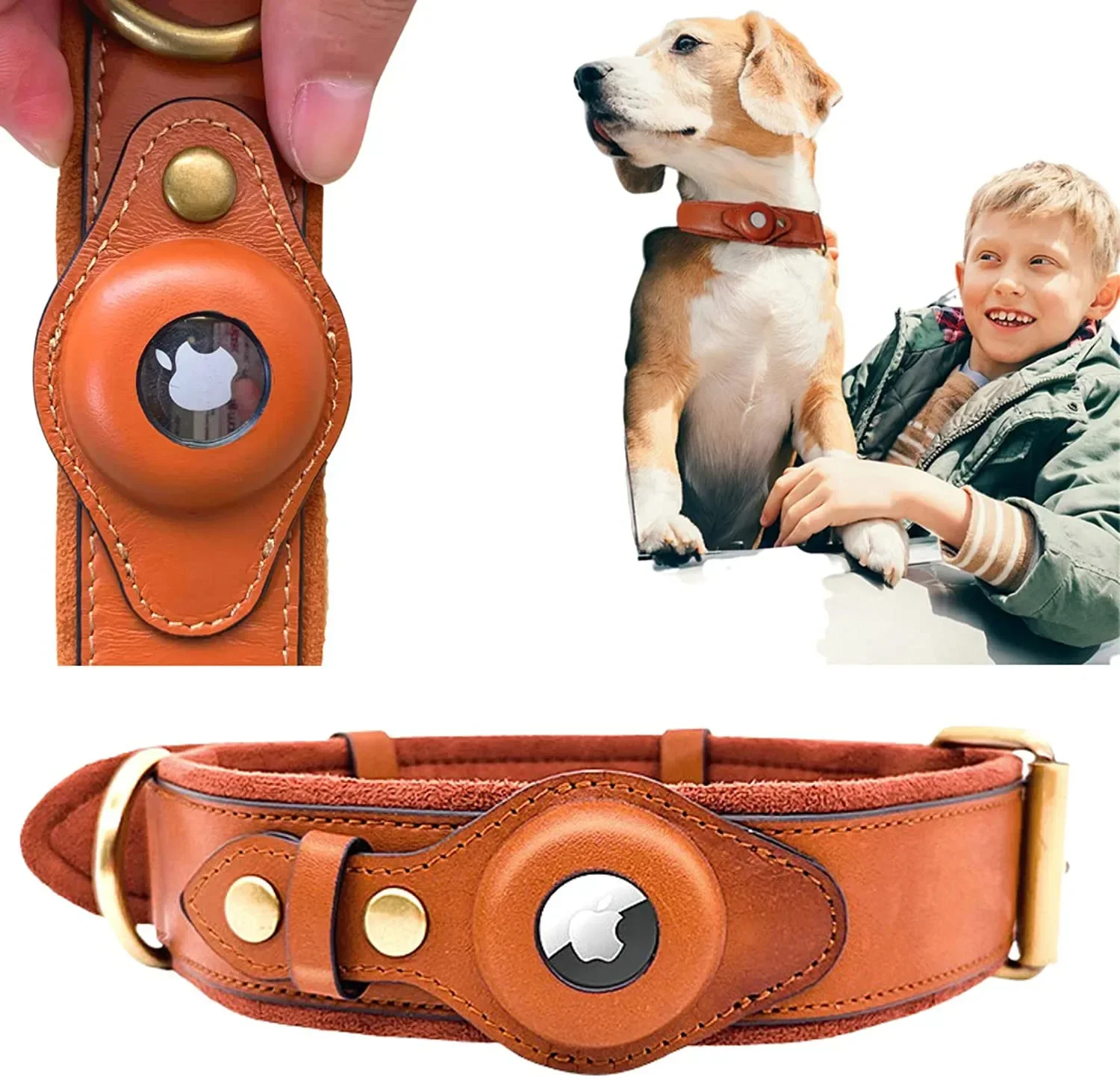 Airtag Holder Case Pet Dog Collar Leather Solid and Anti Loss Genuine Leather Airtag Heavy Duty Dog Collar