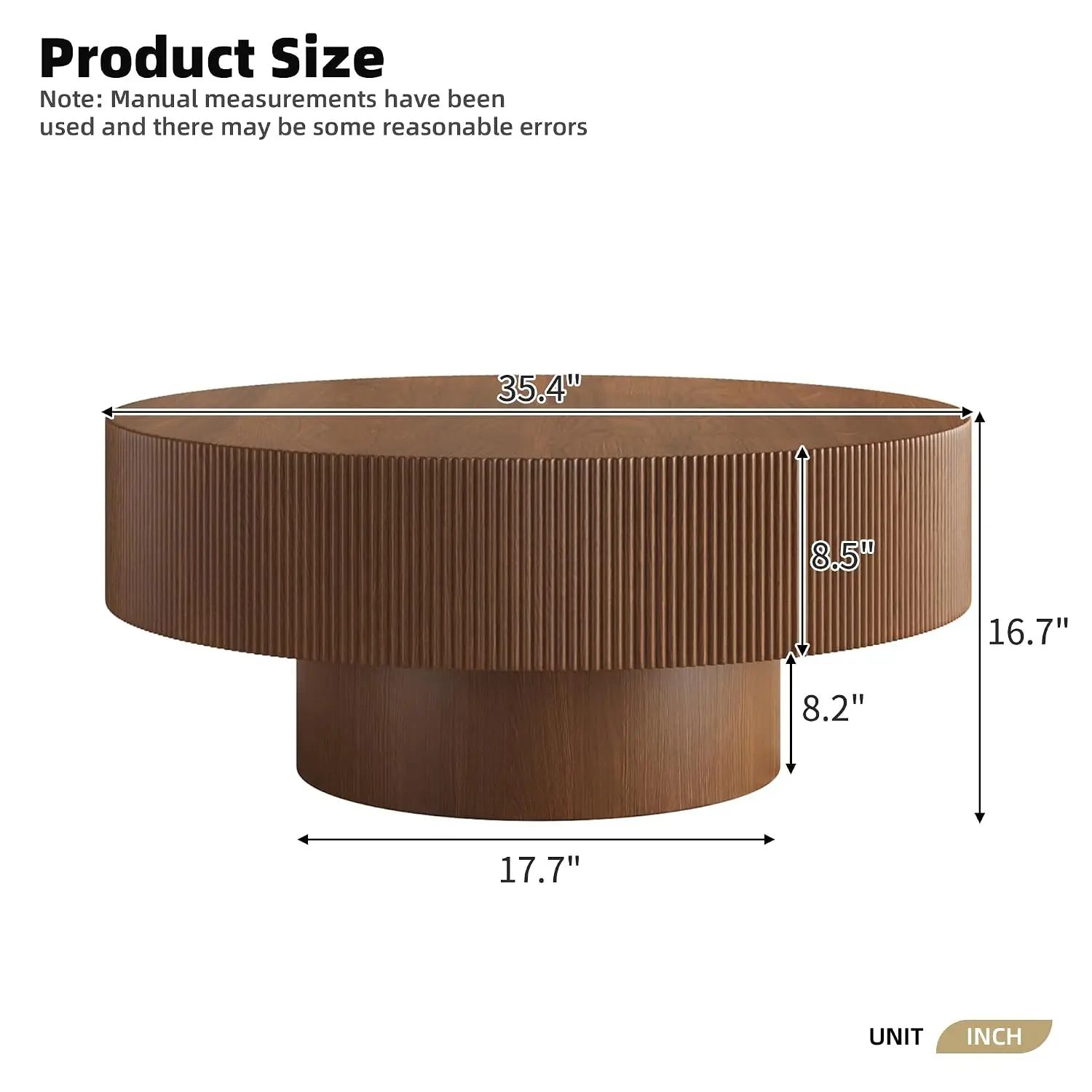 Round Fluted Coffee Table Wood Drum Center Accent Side Table With Pedestal For Living Room Bedroom Office Walnut, Customized