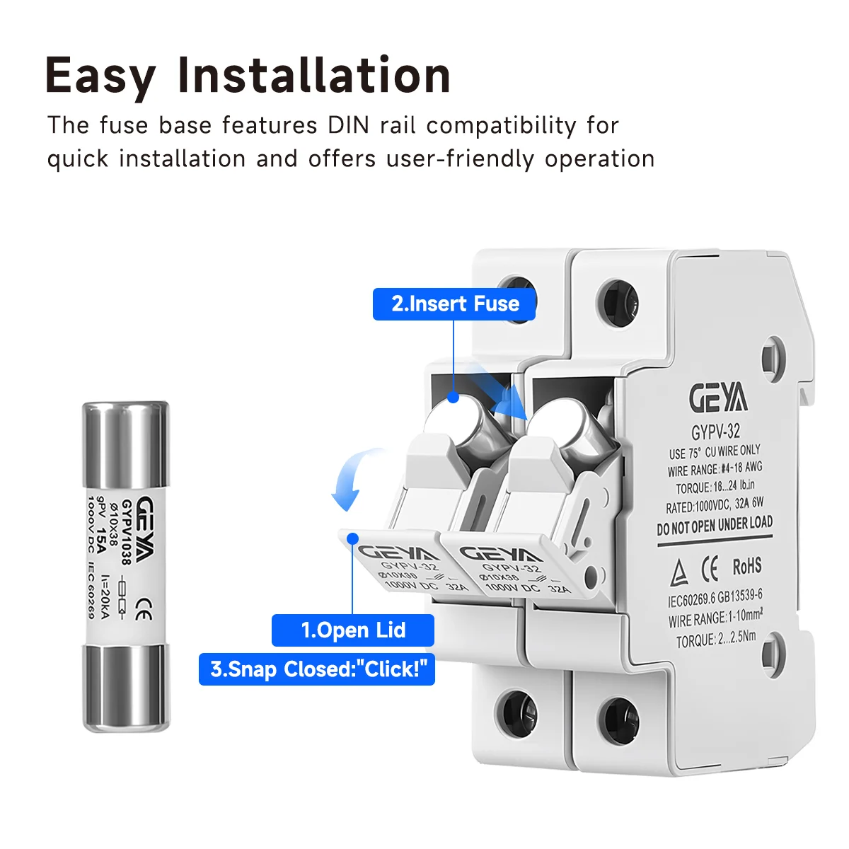 GEYA 1P 2P DC Fuse Holder 1038mm High Voltage Solar for PV String Fuses 1000V Base Photovoltaic System Protection Protector