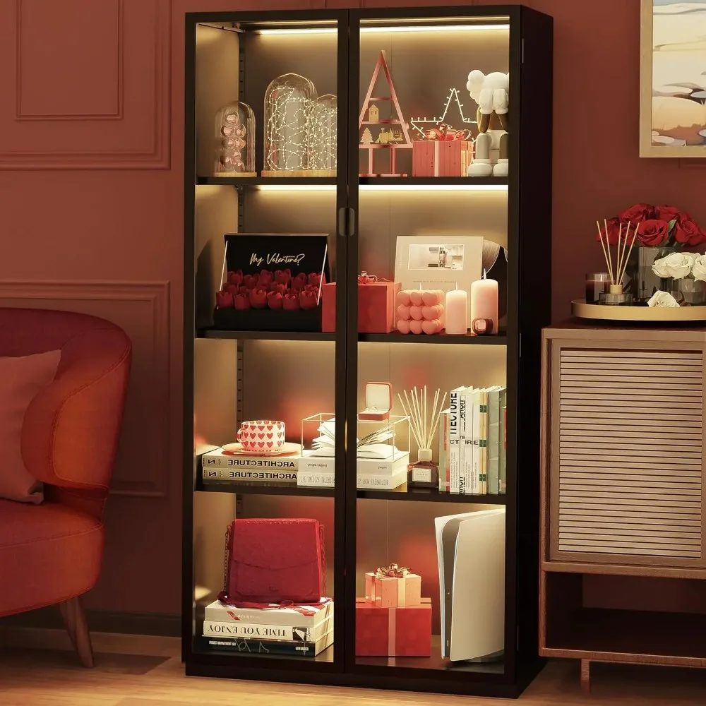 

63" H Display Cabinet,Tall Display Cabinet with LED Lights,Glass Display Cabinets with 3 Adjustable Shelves