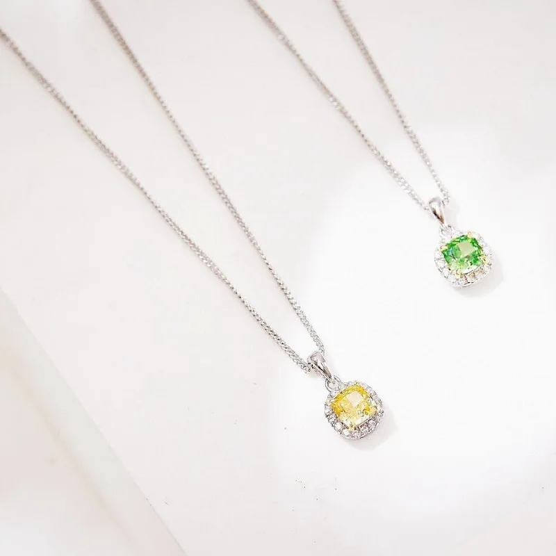 

Designer Collection Style High-end Women Lady Inlay Yellow Green Cubic Zircon Square Pendant Silver Color Chain Necklace