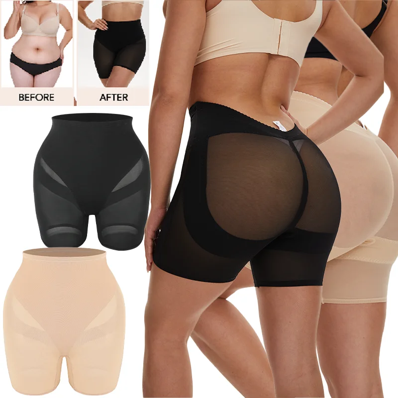 Damen Sexy Unterwäsche Hohe Taille Doppellagiges Mesh Kurzer Slip mit V-Ausschnitt am Rücken Bauchkontrolle Shapewear Atmungsaktiver Po-Former