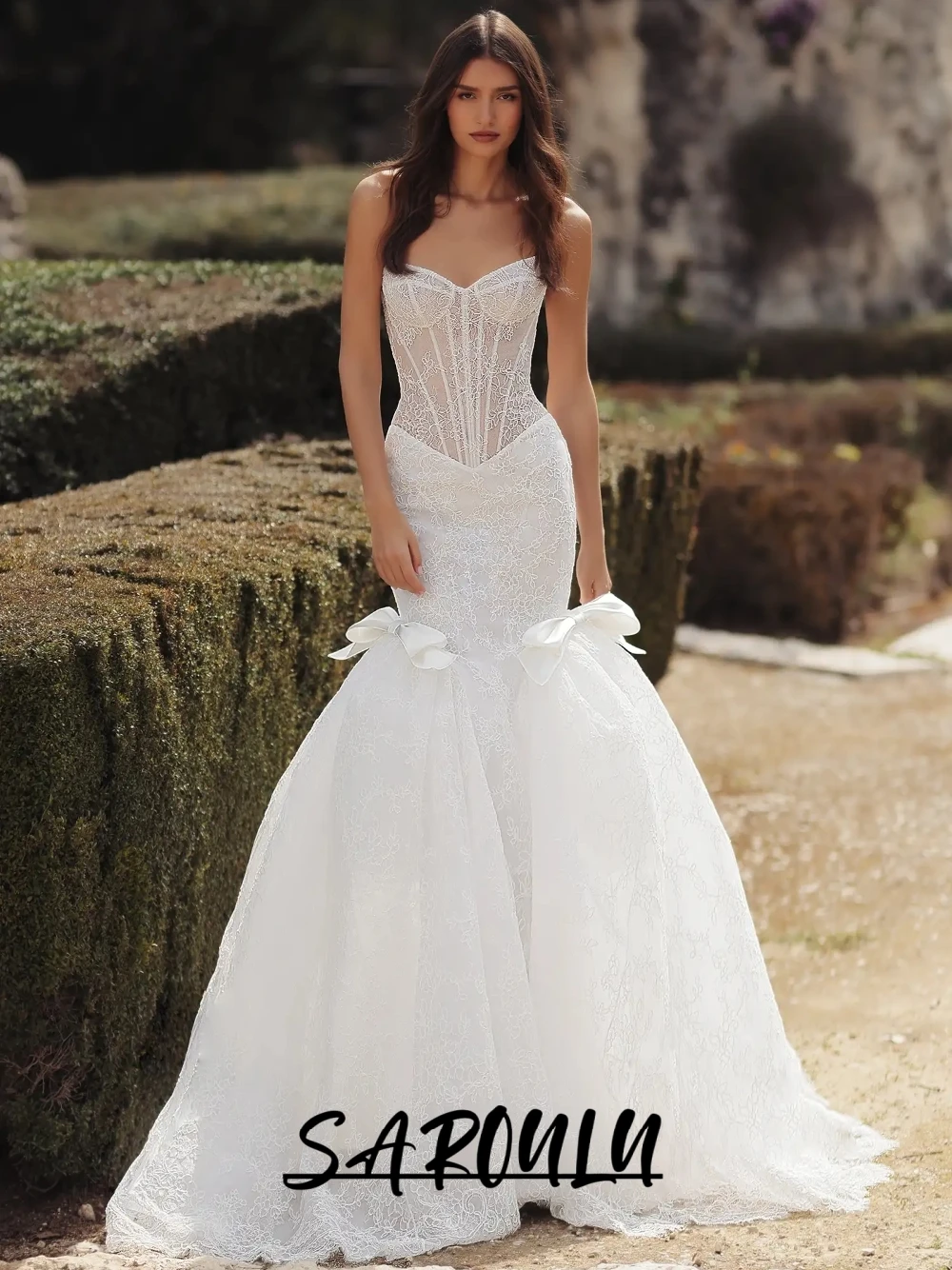 

Luxury Beaded Mermaid Wedding Dress Romantic Lace Bow Customized Bridal Gown Dreamy Corset Floor-length Women Bride Wear