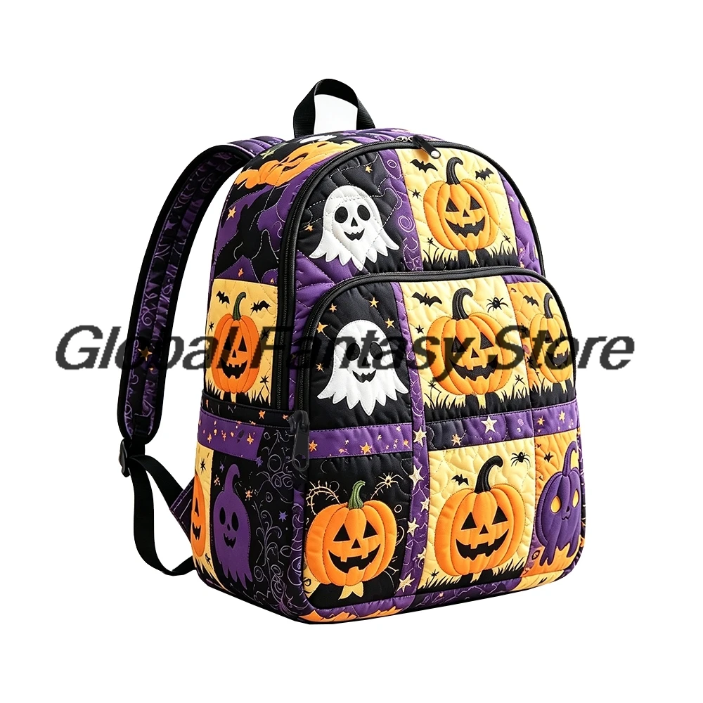 Halloween Quilted Backpack Large Capacity Casual Rucksack Witch Cat Pumpkin Ghost Pattern Packsack Women Men Travel Daypack