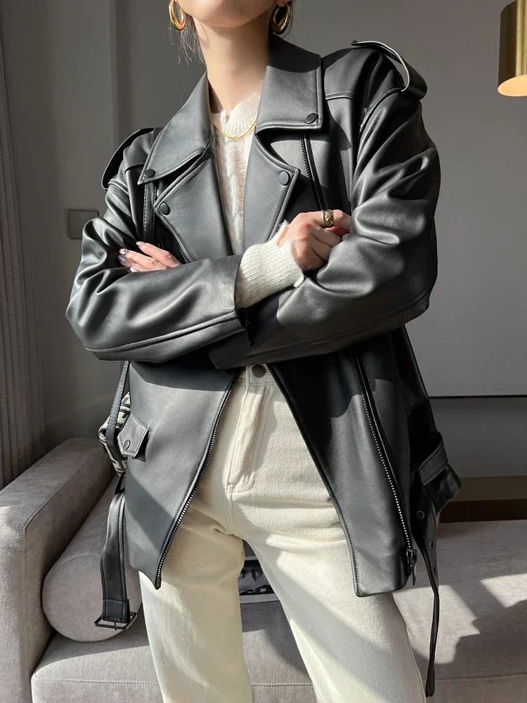 

Classic Black Genuine Leather Motorcycle Jackets for Women Spring Autumn High-end Simple Loose Real Sheepskin Coat with Belt