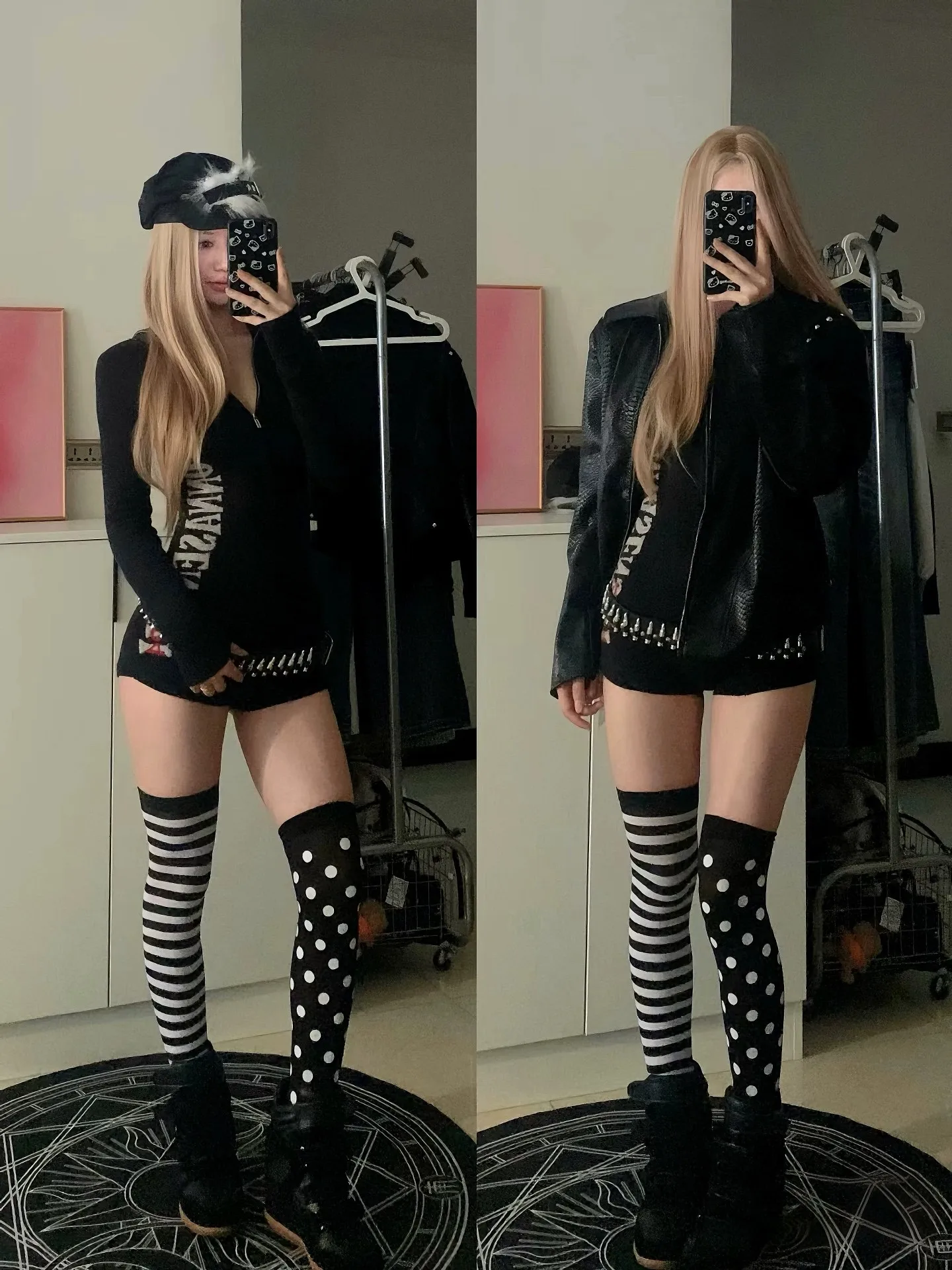 Asymmetrische Overknee-Socken für Damen, Y2k Goth gestreifte Strümpfe, Alt Aesthetic Harajuku Egirl Outfit – Detail 3