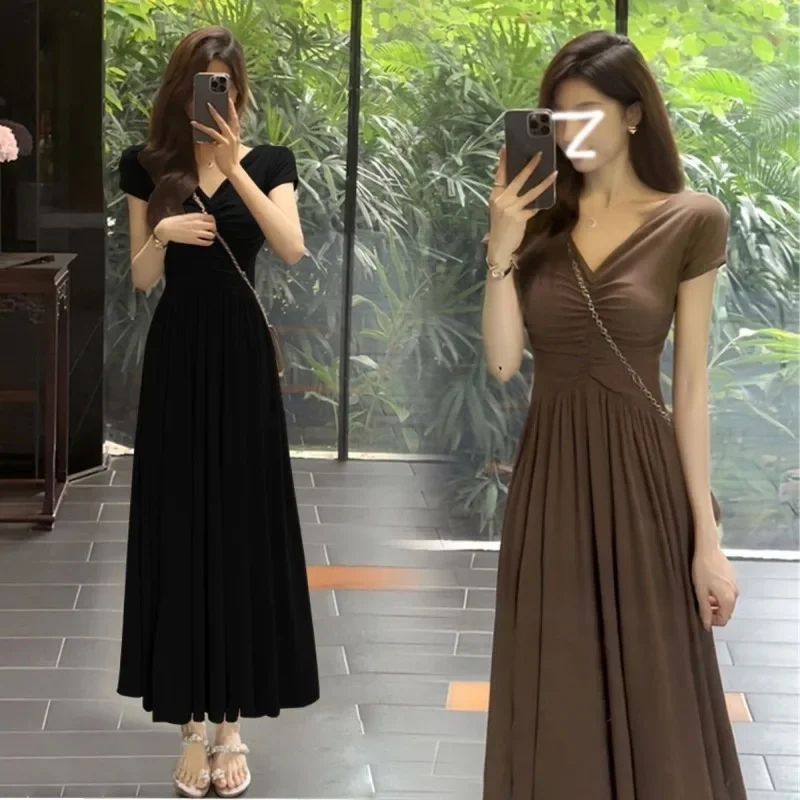 

2024 New Slim Summer Women Long Dress V Neck Cinched Waist French Slit Short Sleeve Dress Party Elegant Sundress