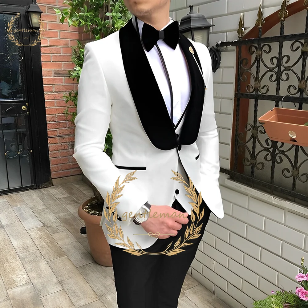 

Men's White Slim Fit Suit, Elegant Jacket, Pants, Vest, Luxury, Formal Party, Wedding, Casual Business Suit, 3 Piece Set