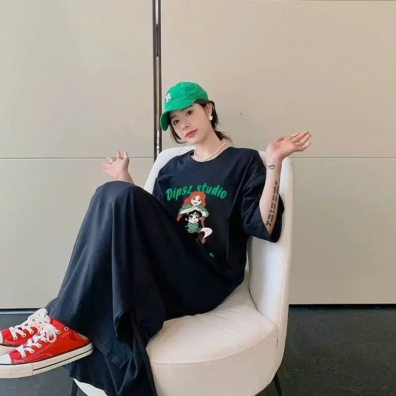 Abito lungo estivo con t-shirt Manica corta da donna oversize al ginocchio Alla moda coreana Sle Abiti larghi e comodi taglie forti