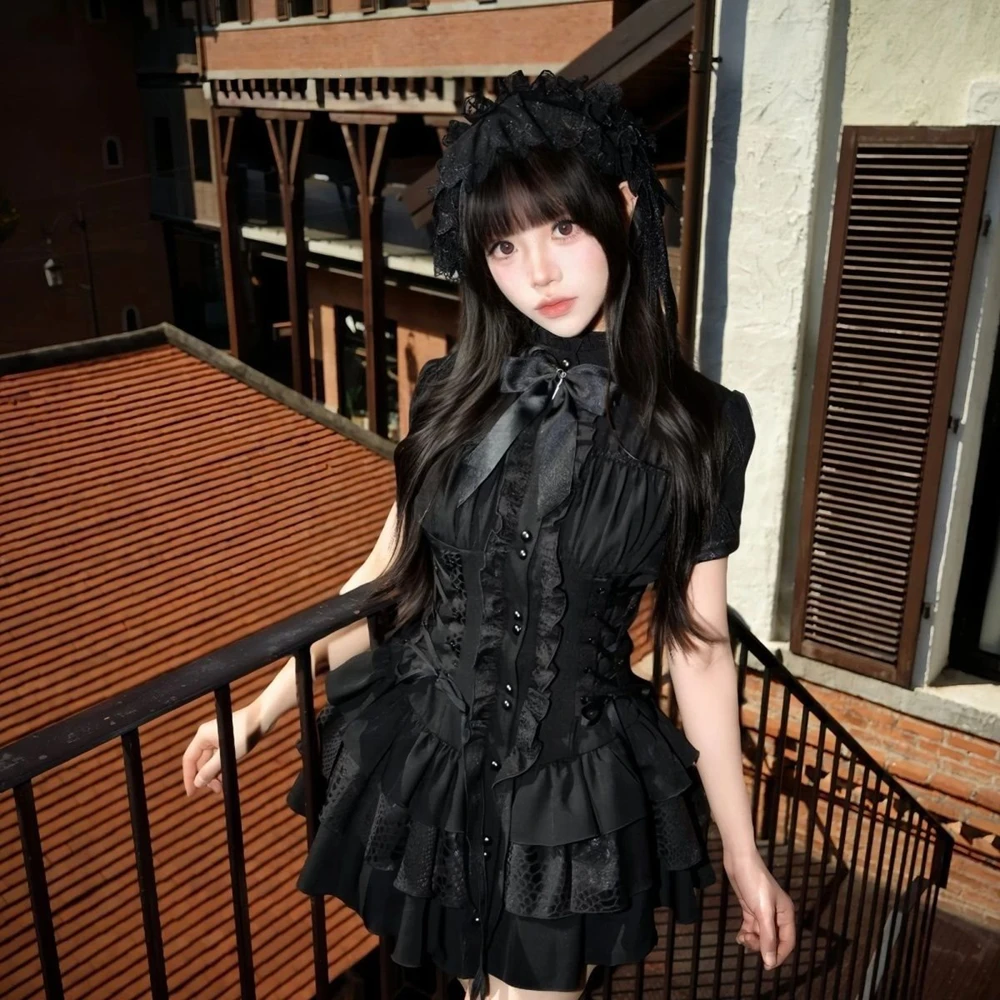 Vintage Gothic-Stil Schnürkleid mit kurzen Ärmeln für Damen, High-Street Retro Schwarzes Schmales Goth-Kleid mit Schleifenumhang, Lolita-Minikleid – Detail 8