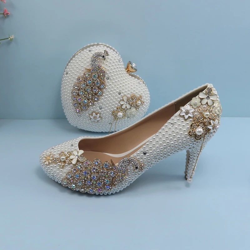 Bao Ya Fang White Fashion Bridal wedding shoes and Bag Woman Round Toe Female Party Shoes Shallow Fashion High Pumps