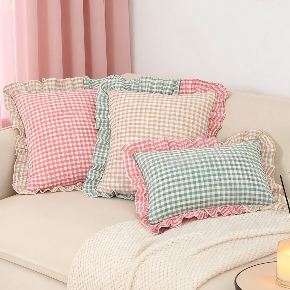 BUYNOW 1PC Plaid Print Cushion Cover Splicing Color Ruffle Pillowcase Soft Home Decor for Sofa Bedroom Living Room Pillow Cover