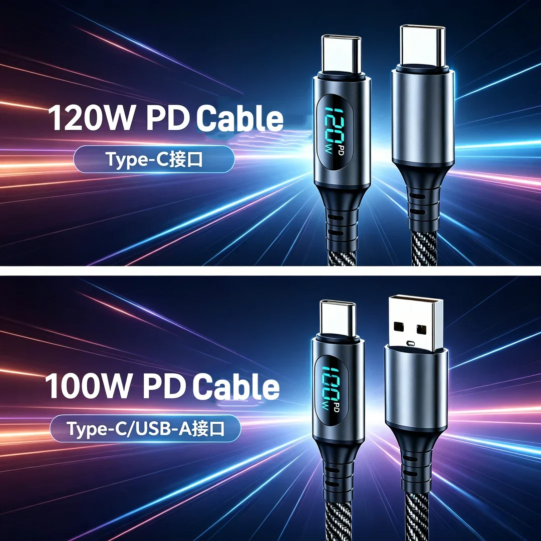 120W USB A To Type C Nylon Charging Wire PD Fast Charging Led Digital Display Data Cord For Huawei Xiaomi  iPhone Samsung 2026
