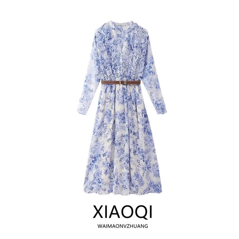 Vestido E Primavera 2024 F com Cinto Estampa Decorativa em Camadas Decote em V Manga Longa Outro Material 00% ...