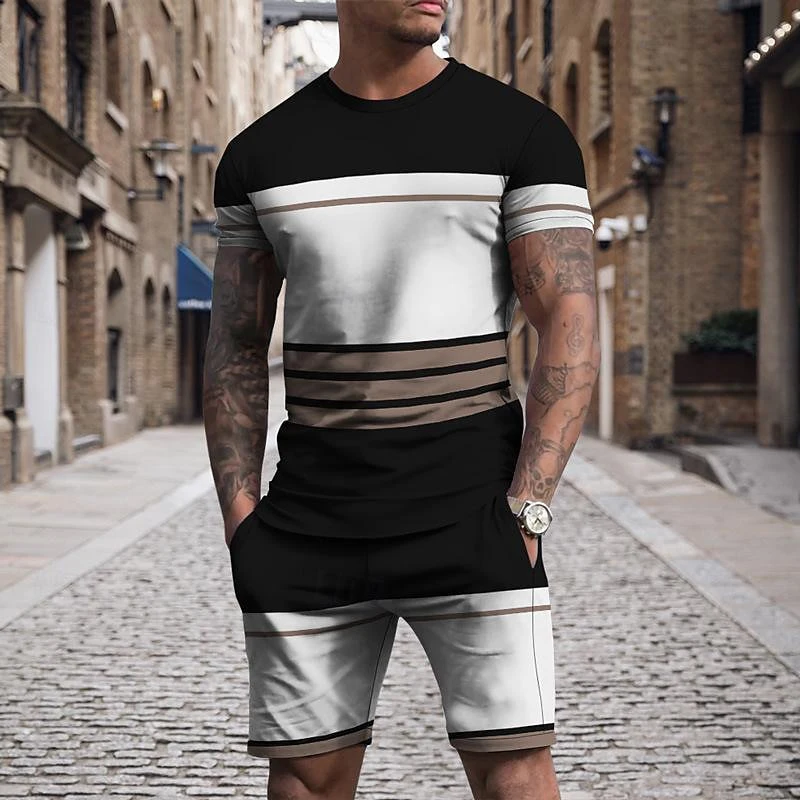 Summer New Striped Printed Short Sleeve Shorts Two Piece Set Casual Men's T Shirt Clothing Shorts T Shirt Casual Handsome Sports