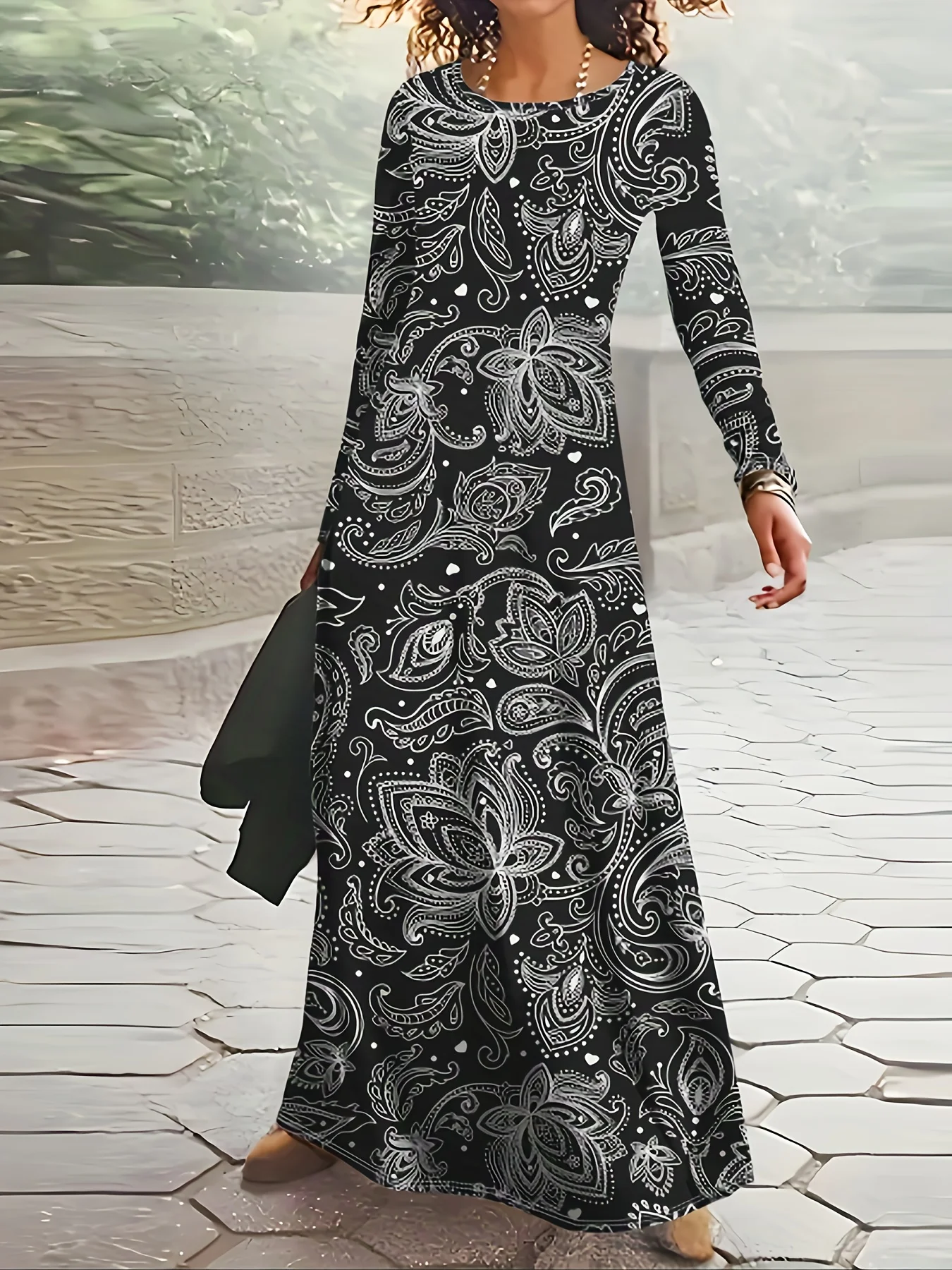 Lässiges Langarmkleid für Damen, tropischer Druck, Taillenakzent, A-Linien-Midikleid, Urlaubsoutfit, Sommermode, Schwarz und