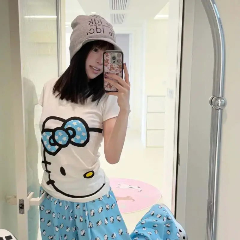 

Новый стиль, брючный костюм с короткими рукавами Hello Kittys, пижама с синим бантом Sanrio для девочек, студенческая модная летняя домашняя одежда, верхняя одежда