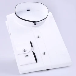 Men's Color Matching Long Sleeve Mandarin Collar Shirt Patch Chest Pocket Regular-fit Dress Shirts For Business Activities