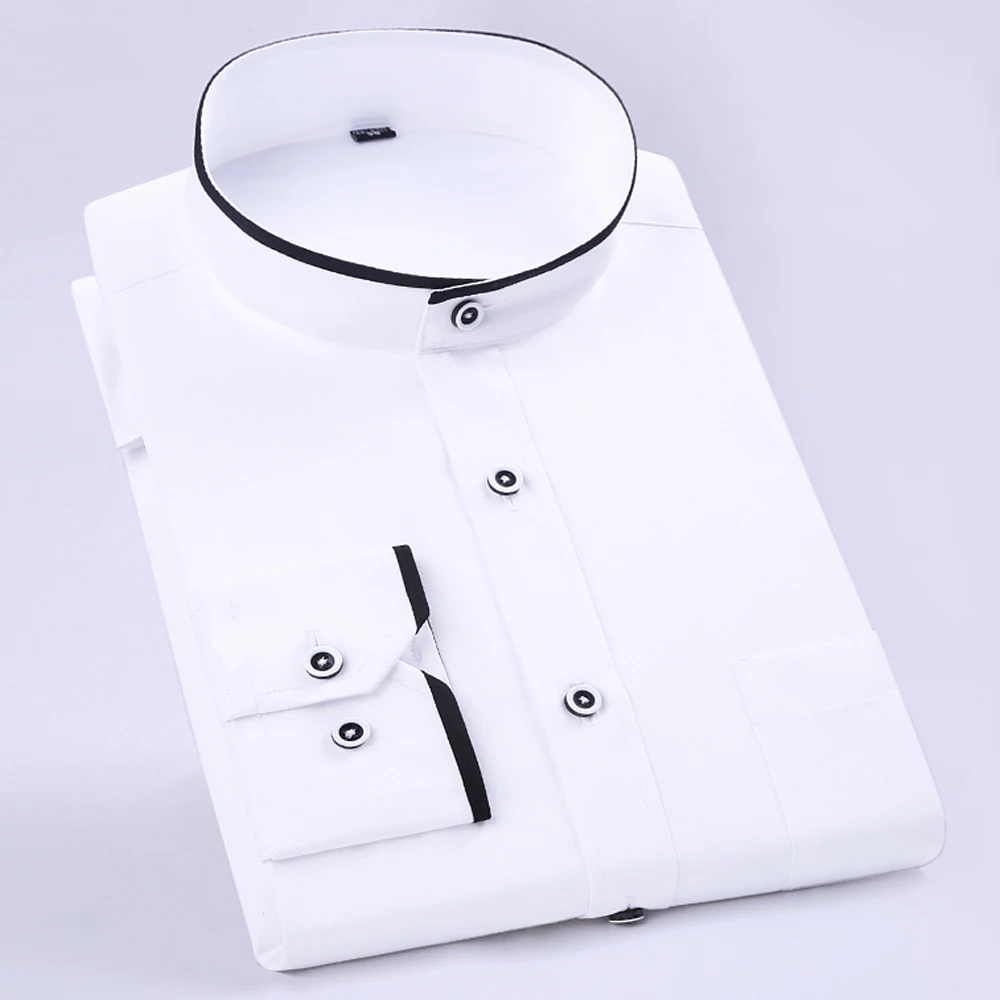 Men's Color Matching Long Sleeve Mandarin Collar Shirt Patch Chest Pocket Regular-fit Dress Shirts For Business Activities