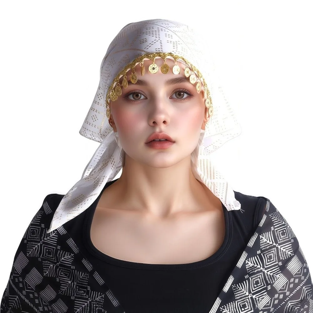 Retro Polyester Triangle Headscarf Breathable Floral Print Golden Beaded Hijab Sequin Lightweight Elegant Turban Hat Daily