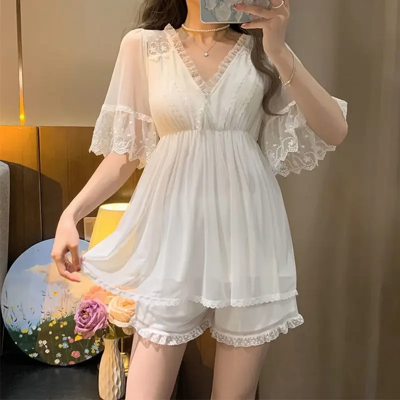 Sleepwear Women Nightwear Women\'s Sweet New Summer Long-sleeved Sexy Lace Home Clothes Night Gown Sleep Dress