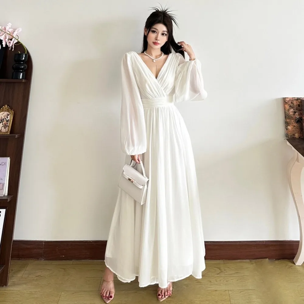 SylCue Sexy Backless Lange Kleider Frau Kreuz V-ausschnitt Durchsichtig Volle Hülse Süße Mädchen Geburtstag Party Geraffte Elegante Vestidos