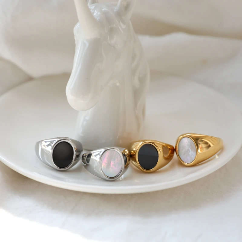 Joolim Jewelry High End PVD Wholesale Tarnish Free Elegant Fashion Oval Shell Stainless Steel Ring for Women