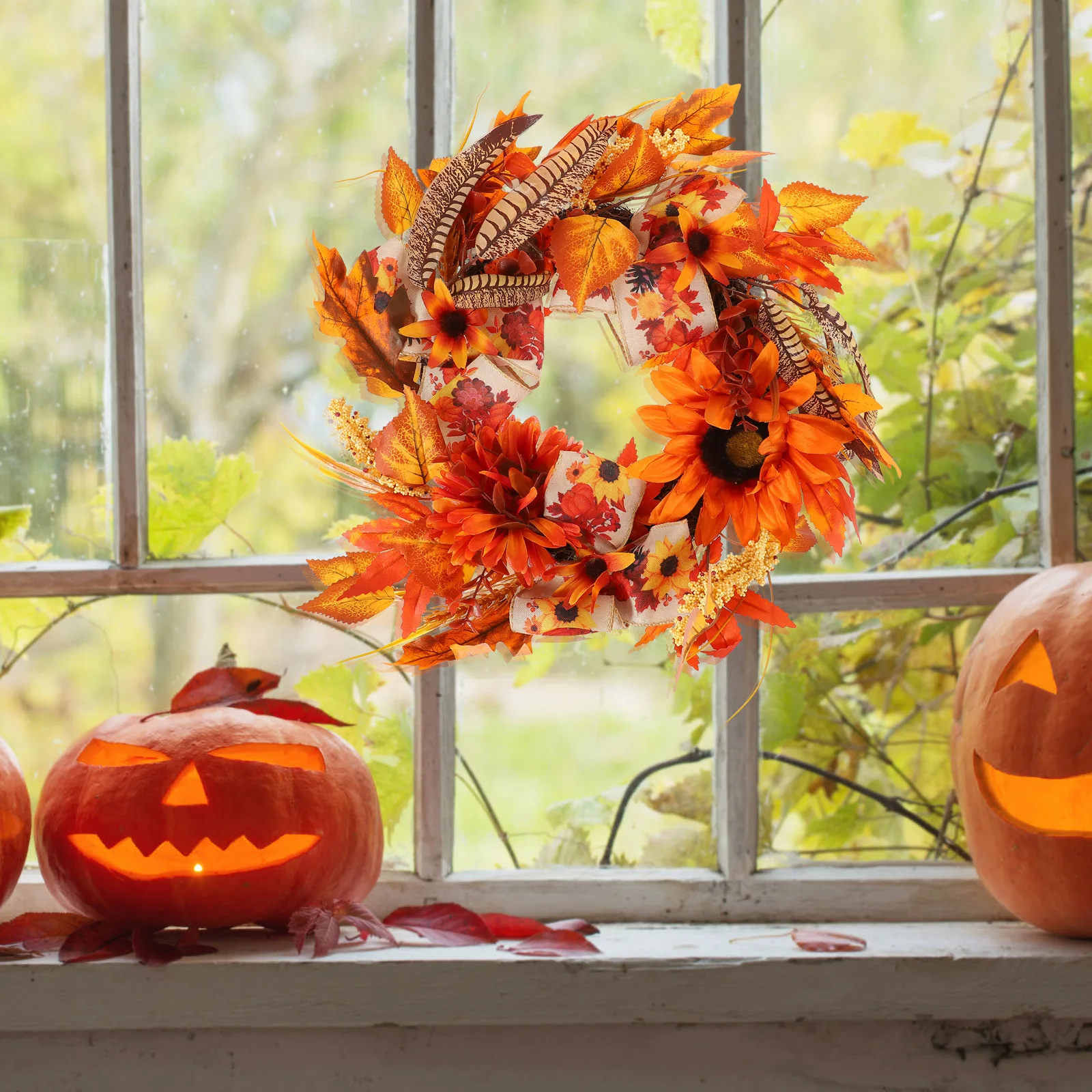 

Thanksgiving Wreath Autumn Harvest Decor Fall Front Door Garland Maple Leaves Wall Hanging Outdoor Artificial Bow Style