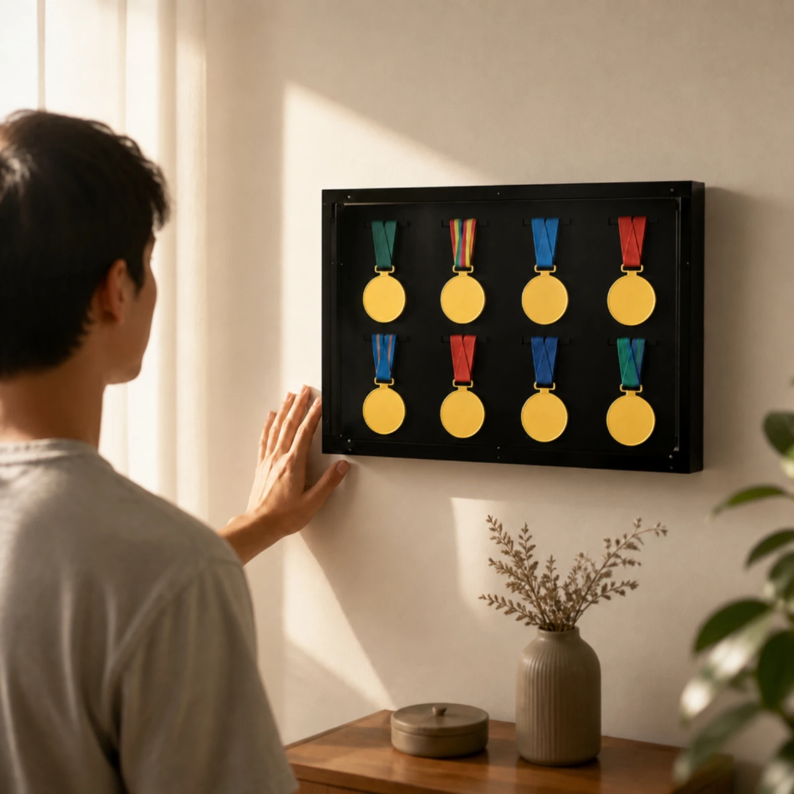 Medal Display Box with Black Frame Easy to Install Eight-Position Medal Display Case Dustproof Space-Saving for Sports Athletes