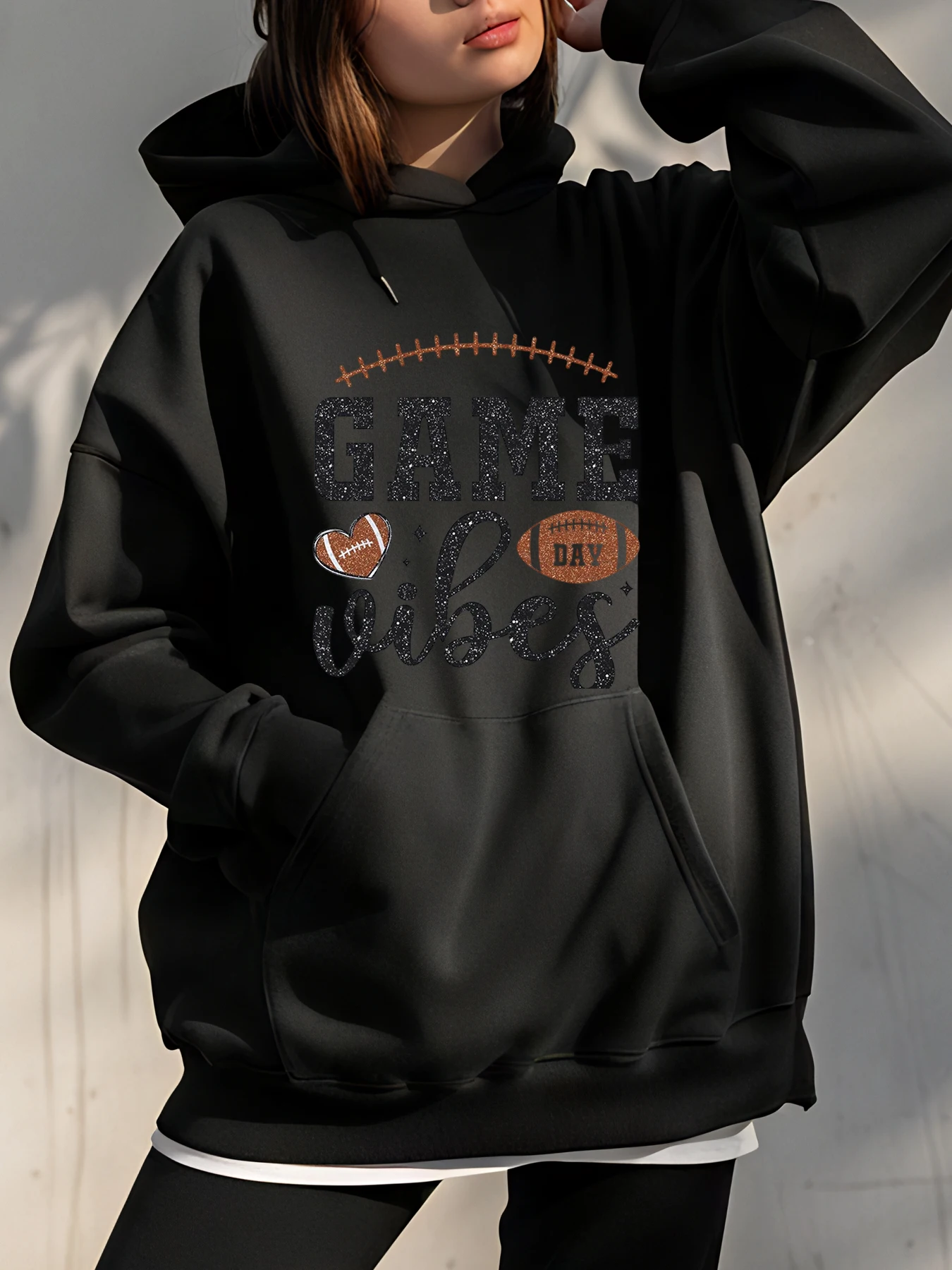 Sudadera con capucha de fútbol para mujer, sudadera con estampado de vibraciones del día del juego, ropa deportiva informal, prendas de vestir de otoño e invierno, moda femenina