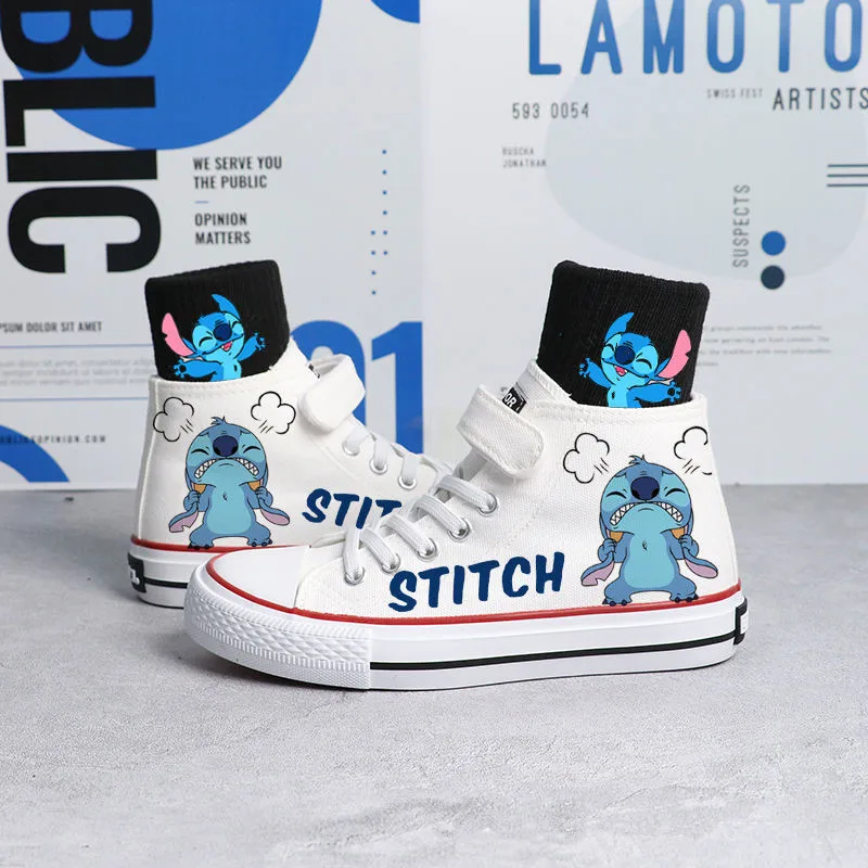 Disney Kids Canvas Shoes Stitch Children Cartoon Hand-Drawn High Top Fashion Casual Canvas Sneakers Boys Girls Shoes Size 26-37