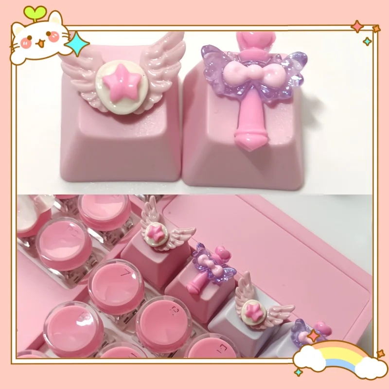 Mechanical Keyboard Keycap Two Piece Set R4 Height Oem Pbt Handmade Cute Girl Pink Magic Wand Suitable Cross Axis Keycaps