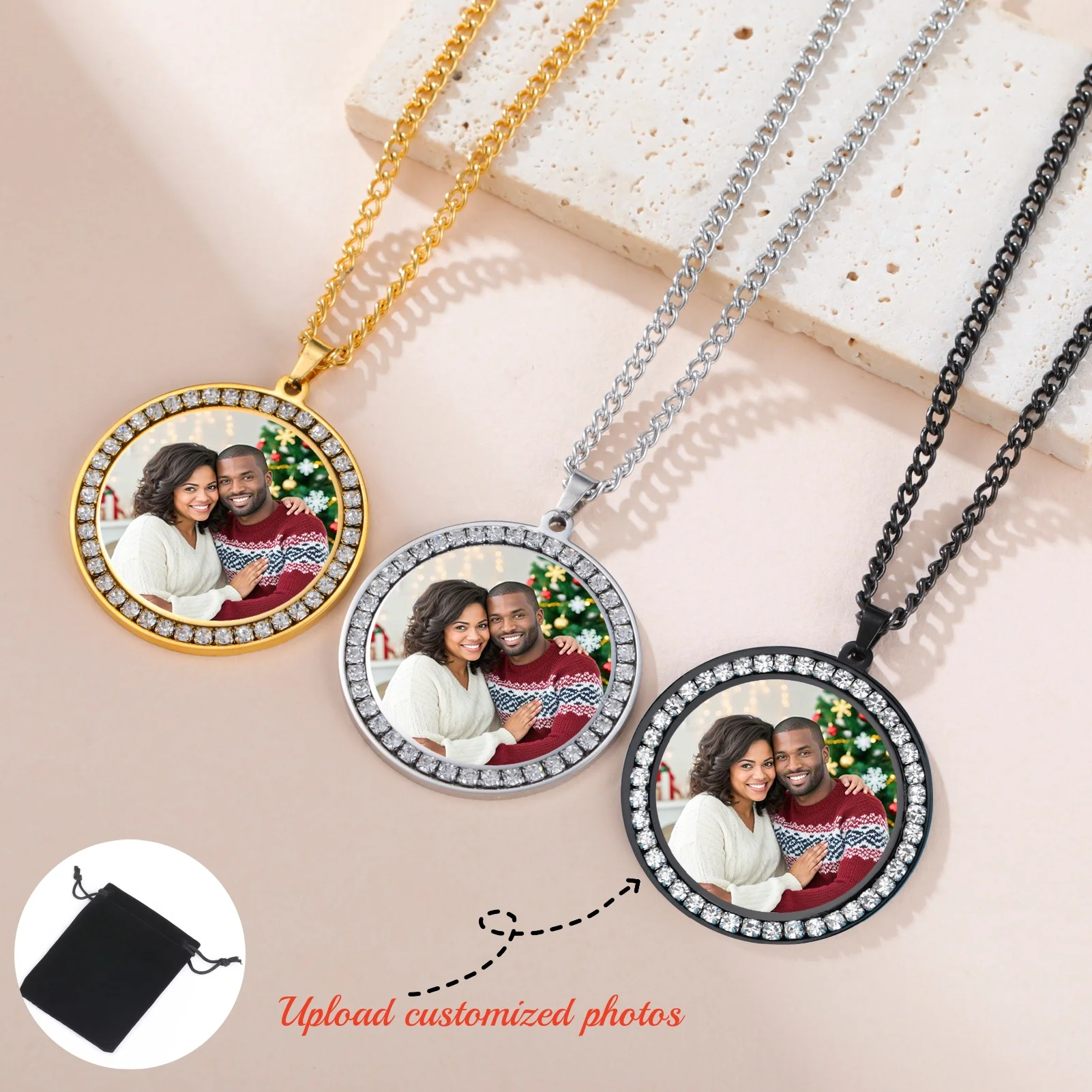 Customized Color Printed Photo Necklace Circular Pendant Necklace Stainless Steel Picture Customization Rhinestone Inlay Jewelry