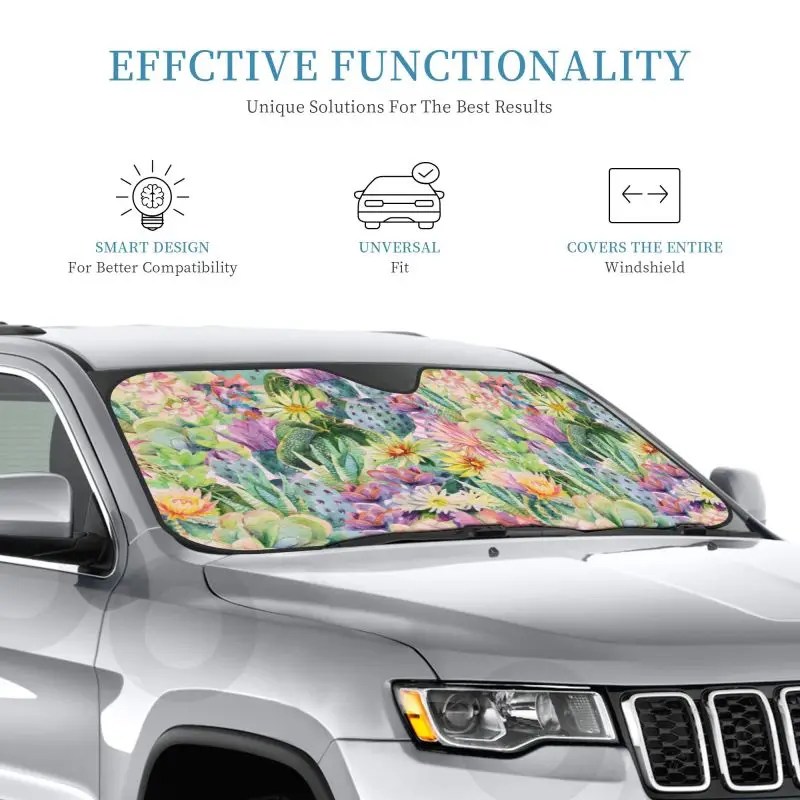 Multicolor Cactus Floral Pattern Car Windshield Sun Shade Auto Front Window Sunshade Sun Visor Shield Foldable Uv Ray Reflector