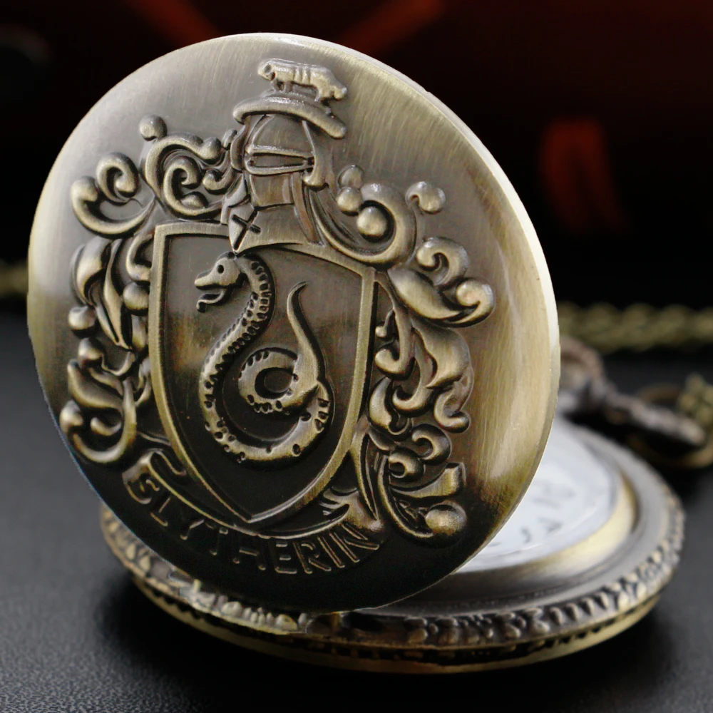 Vintage Quartz Pocket Watch  Bronze Time Necklace Clock Evil Magic Snake Badge Academy Pendant Best Gift for Men and Women Kids