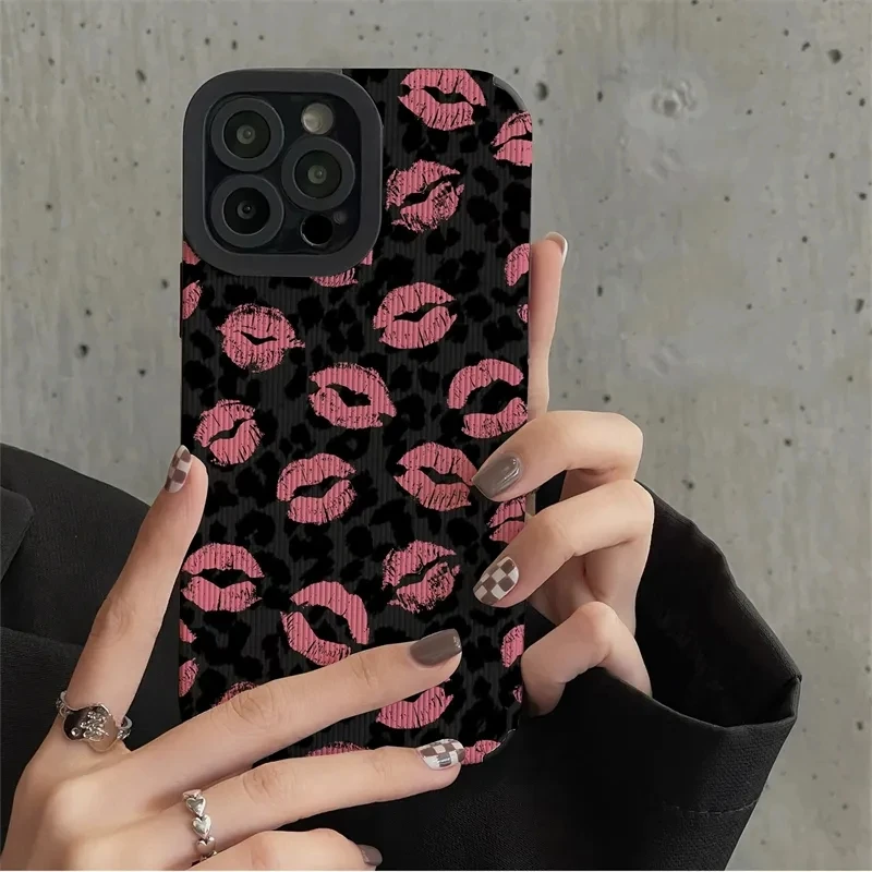 

Beautiful case for iPhone 14, 13, 12, 11 Pro Max, X, XR, XS, 7, 8, 14 Plus leopard print phone case, pink lip kiss silicone case