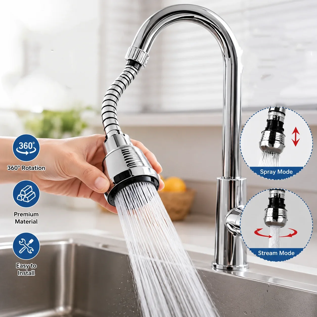 Kitchen Faucet Aerator 360° Rotation Water Saver Anti-Splash Filter Tap Nozzle Extender Stainless Steel for Sink Bathroom Home